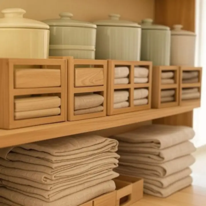 Detal stylizowanej półki z akcesoriami kuchennymi