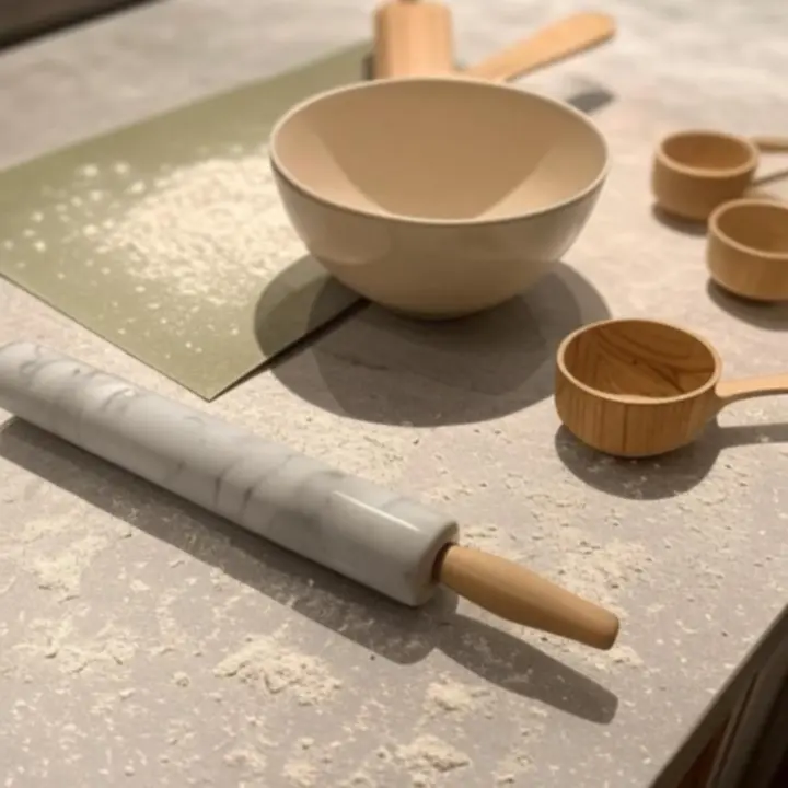 Scena przygotowywania wypieków z marmurowym wałkiem i ceramicznymi misami