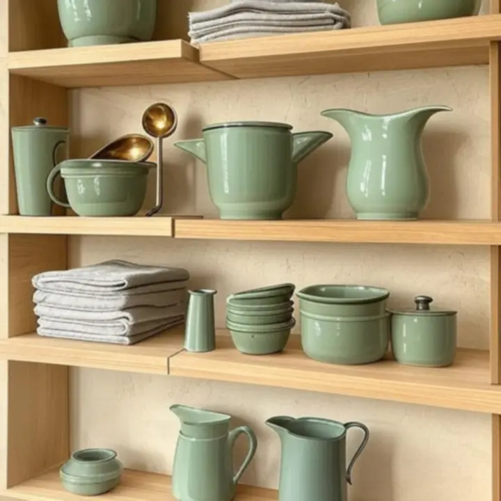 Kuratorska przestrzeń pracy z półkami pełnymi wyselekcjonowanych produktów