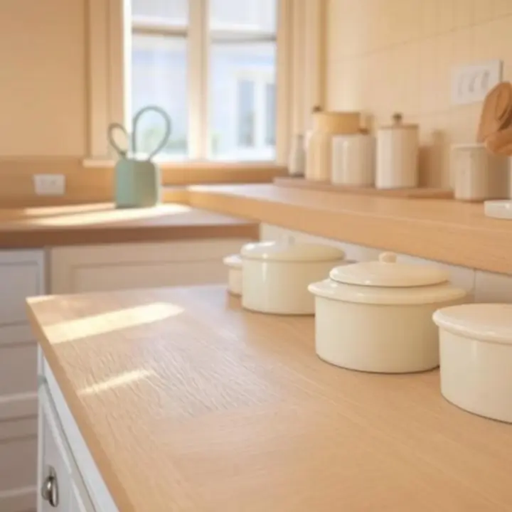 Elegancka kuchnia w ciepłych odcieniach kremu i drewna z akcesoriami Cookveera