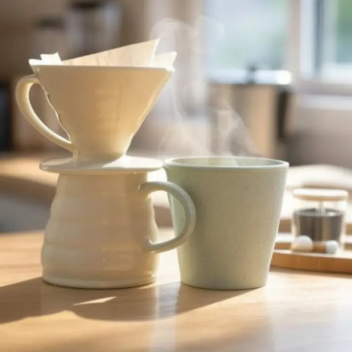 Stacja przygotowywania kawy z ceramicznymi dripperami i drewnianymi tacami