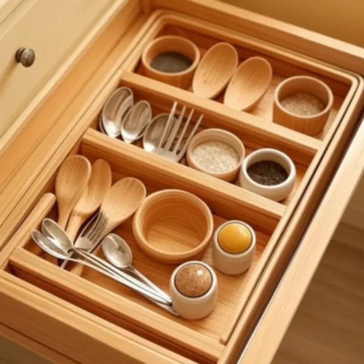 Zorganizowana szuflada kuchenna z regulowanymi wkładami