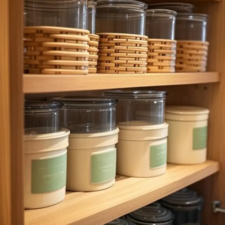 Zorganizowane półki spiżarni z szklanymi pojemnikami i bambusowymi organizatorami